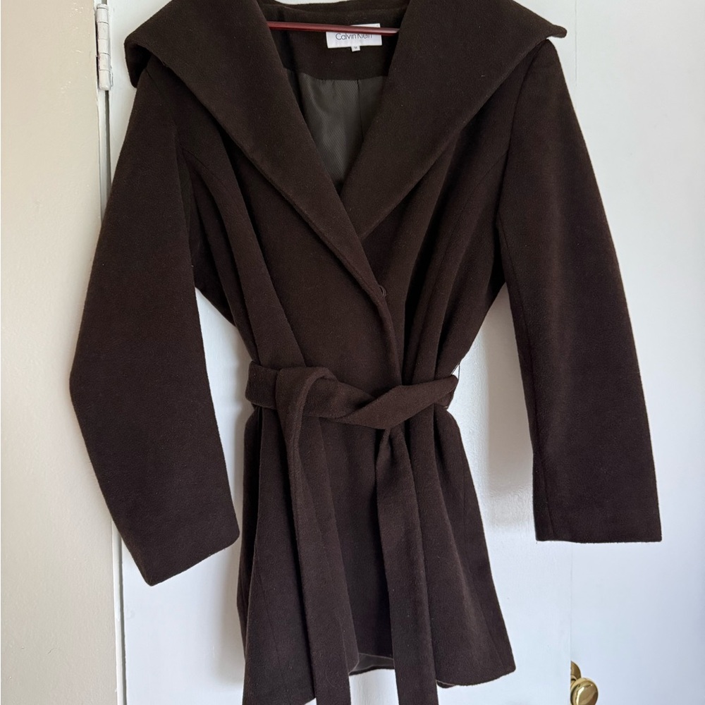 Calvin Klein Dark Brown Wool Blend Belted Trench Coat